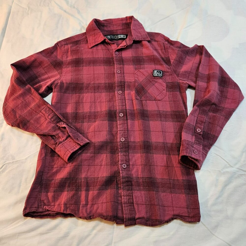 FINTECH Shirt Mens Medium Red Flannel Button Up Outdoors Warm Nature Camp